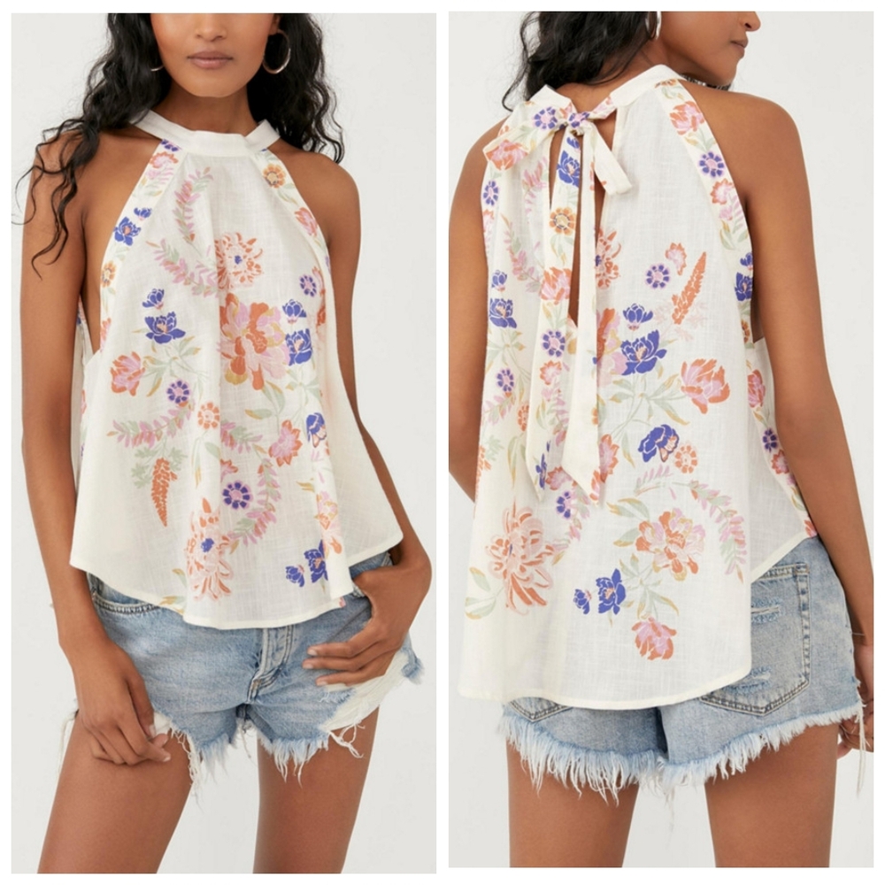 NWOT Free People Emily Floral Print Flowy Cotton Halter Tank Top, Sz Medium.